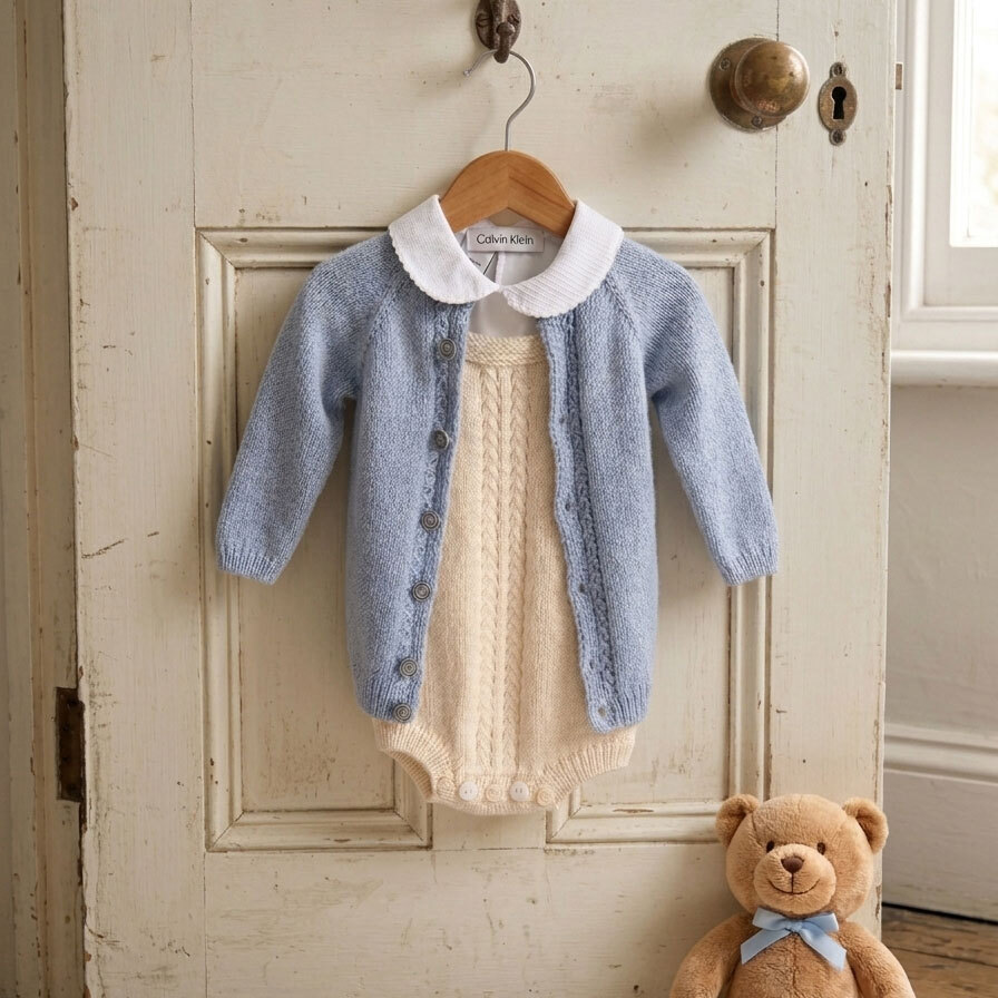 Hentesett til baby med blå jakke og hvit romper